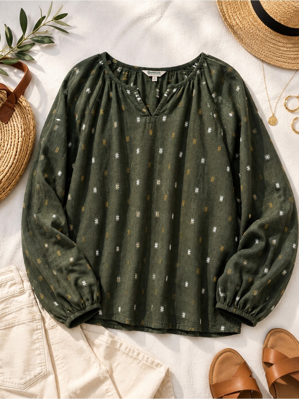 Aventura Green Organic Cotton Hemp Peasant Blouse XL Boho Long Sleeve